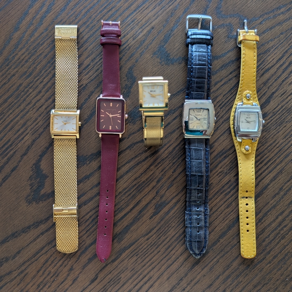 Lot Of 5 Watches. Stylish Watch Collection in Gold, Burgundy, Black, and Yellow